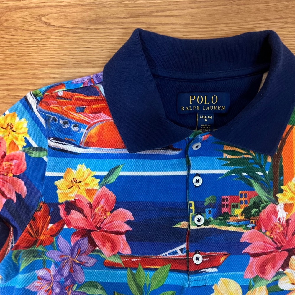 Polo Ralph Lauren Girls Large 14-16 Tropical Boat Floral Polo Dress Blue Scenic